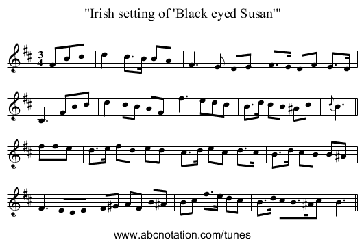 Irish setting of 'Black eyed Susan' - staff notation