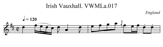Irish Vauxhall. VWMLa.017 - staff notation