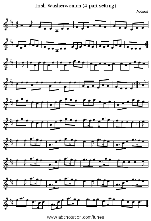 Irish Washerwoman (4 part setting) - staff notation