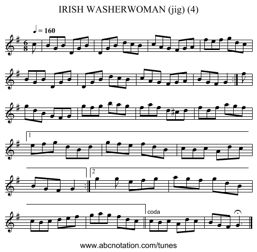IRISH WASHERWOMAN (jig) (4) - staff notation