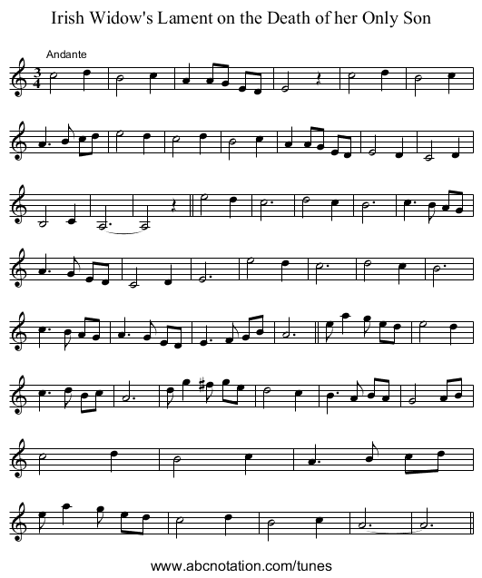 Irish Widow's Lament on the Death of her Only Son - staff notation