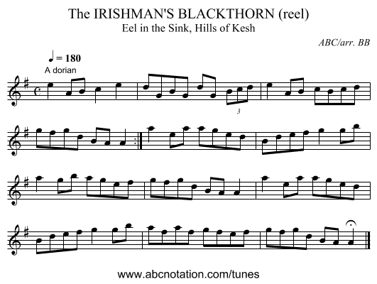 IRISHMAN'S BLACKTHORN (reel), The - staff notation