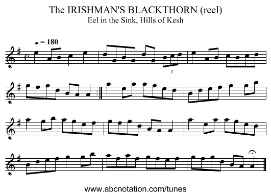 IRISHMAN'S BLACKTHORN (reel), The - staff notation