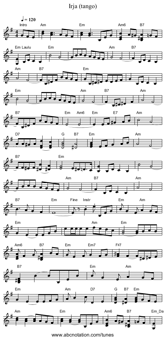 Irja (tango) - staff notation