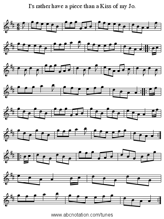 I's rather have a piece than a Kiss of my Jo. - staff notation