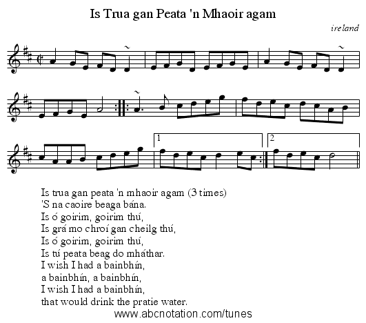 Is Trua gan Peata 'n Mhaoir agam - staff notation