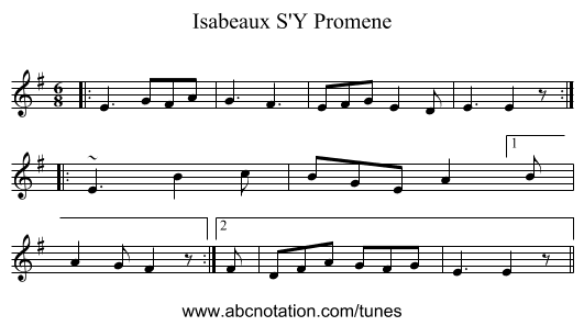 Isabeaux S'Y Promene - staff notation