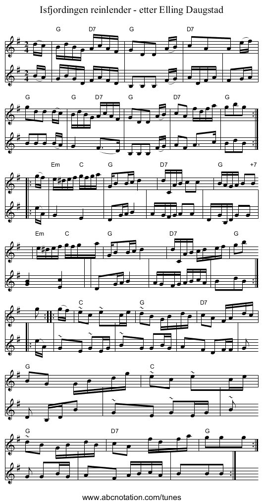 Isfjordingen reinlender - etter Elling Daugstad - staff notation