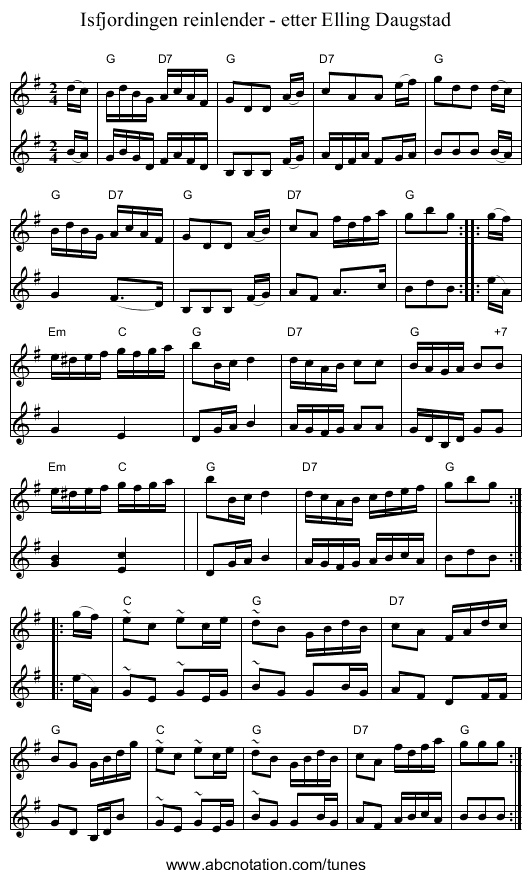 Isfjordingen reinlender - etter Elling Daugstad - staff notation