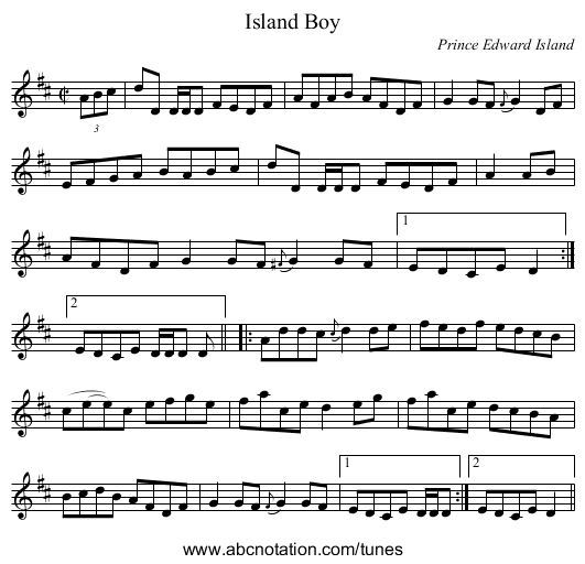 Island Boy - staff notation