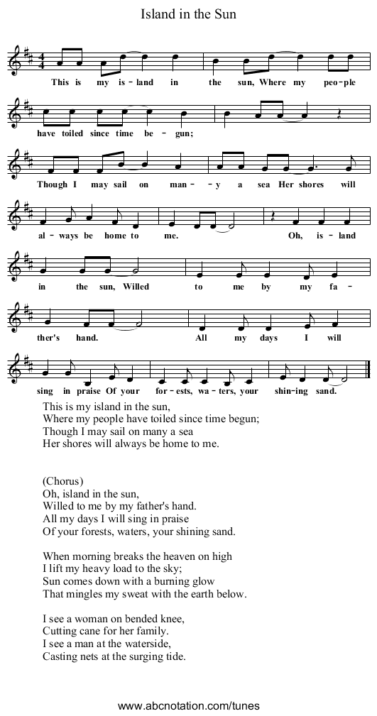 Island in the Sun - staff notation