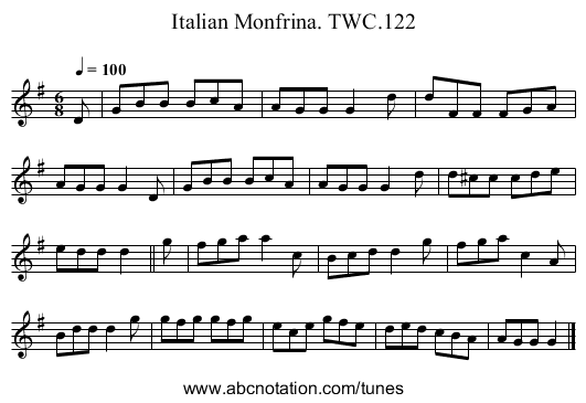 Italian Monfrina. TWC.122 - staff notation