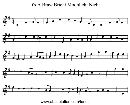 It's A Braw Bricht Moonlicht Nicht - staff notation