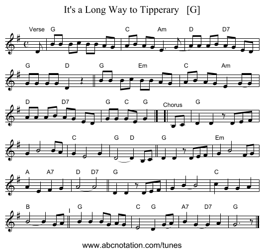It's a Long Way to Tipperary   [G] - staff notation