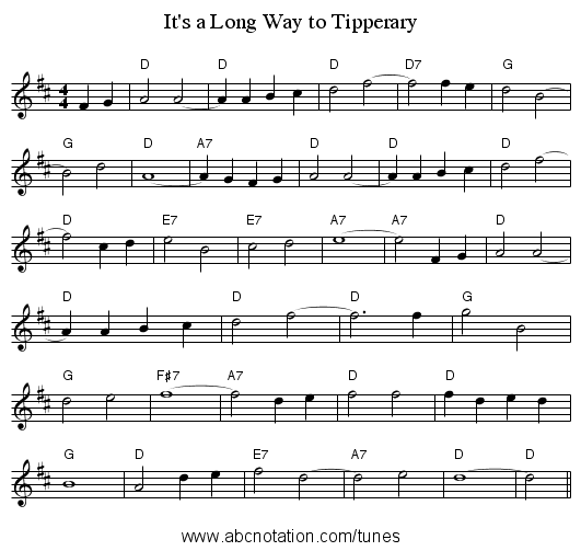 It's a Long Way to Tipperary - staff notation