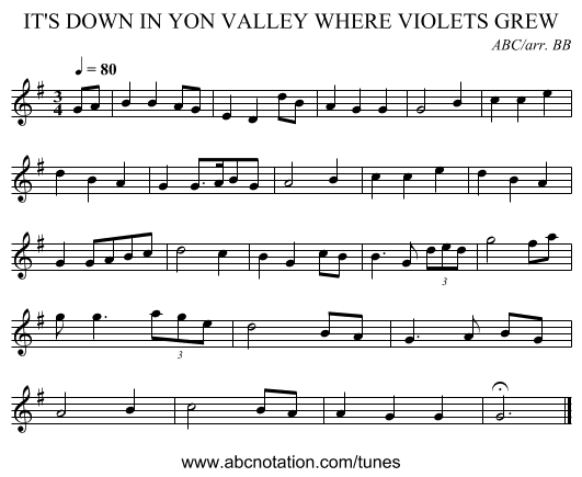 IT'S DOWN IN YON VALLEY WHERE VIOLETS GREW - staff notation