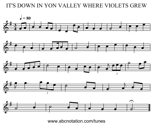 IT'S DOWN IN YON VALLEY WHERE VIOLETS GREW - staff notation