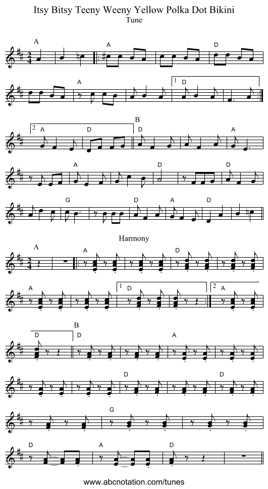 Itsy Bitsy Teeny Weeny Yellow Polka Dot Bikini - staff notation