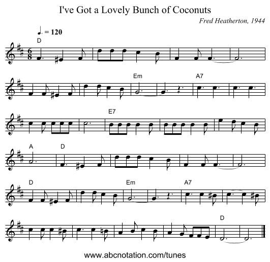 I've Got a Lovely Bunch of Coconuts - staff notation