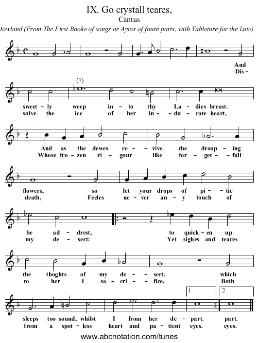 IX. Go crystall teares, - staff notation