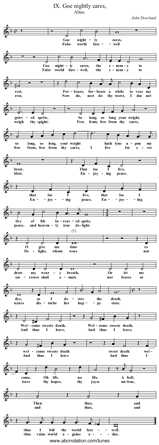 IX. Goe nightly cares, - staff notation