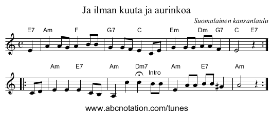 Ja ilman kuuta ja aurinkoa - staff notation