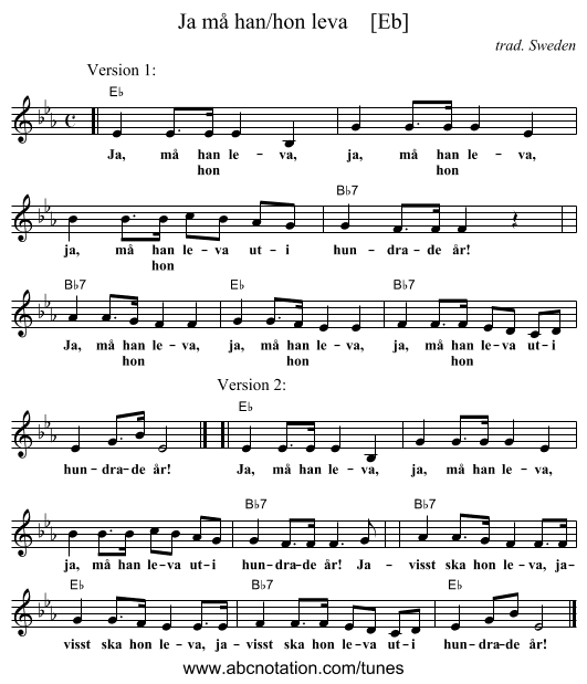 Ja m&aring; han/hon leva    [Eb] - staff notation