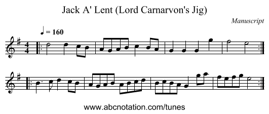 Jack A' Lent (Lord Carnarvon's Jig) - staff notation