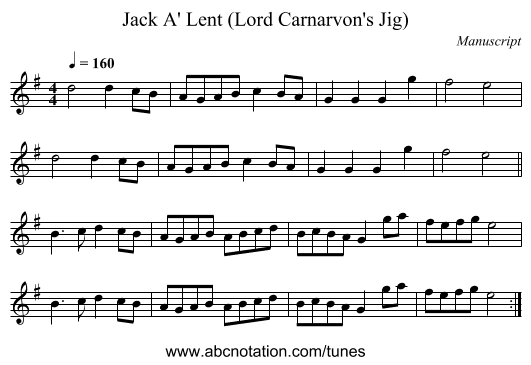 Jack A' Lent (Lord Carnarvon's Jig) - staff notation