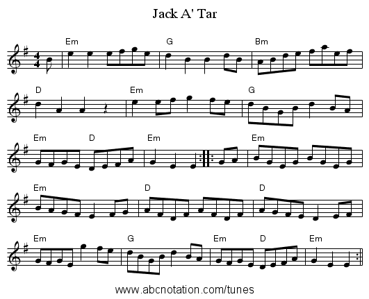 Jack A' Tar - staff notation