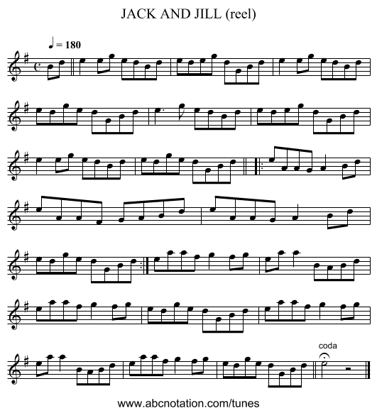 JACK AND JILL (reel) - staff notation