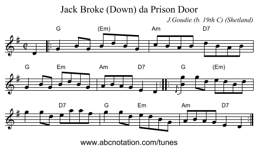 Jack Broke (Down) da Prison Door - staff notation