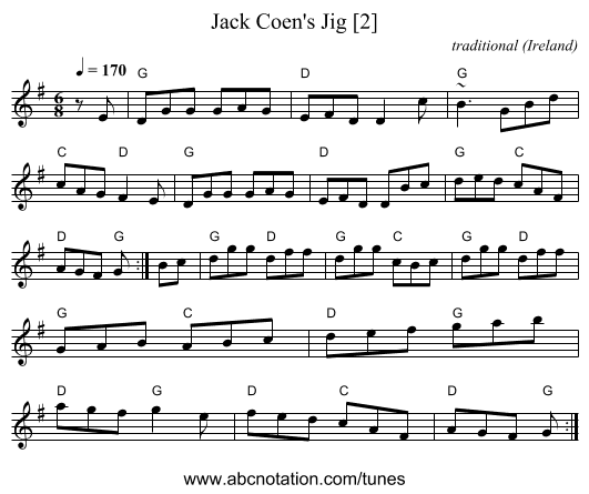 Jack Coen's Jig [2] - staff notation