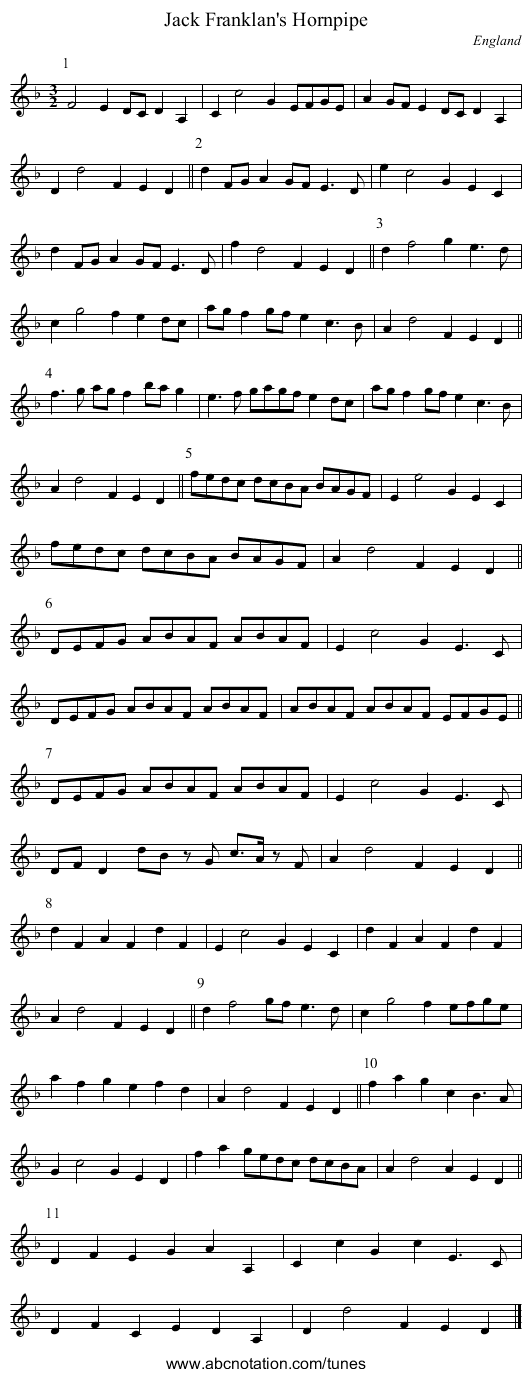Jack Franklan's Hornpipe - staff notation