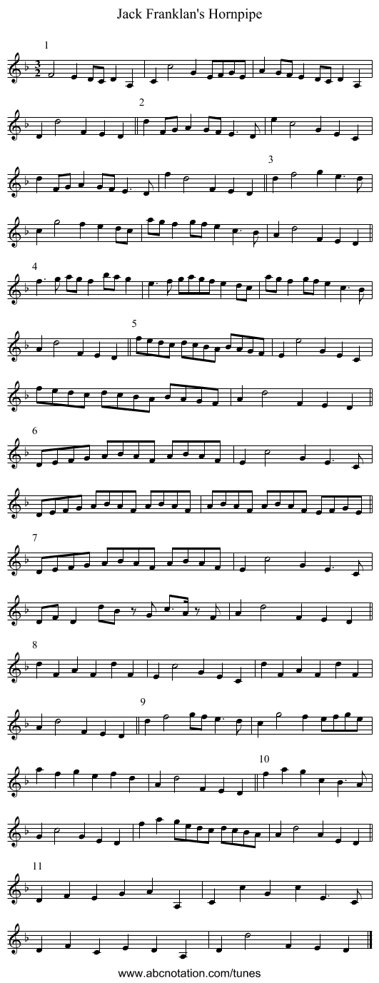 Jack Franklan's Hornpipe - staff notation
