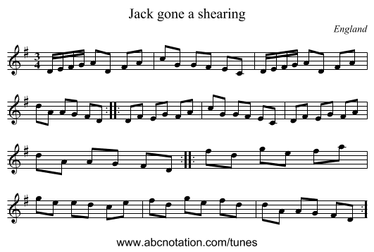 Jack gone a shearing - staff notation