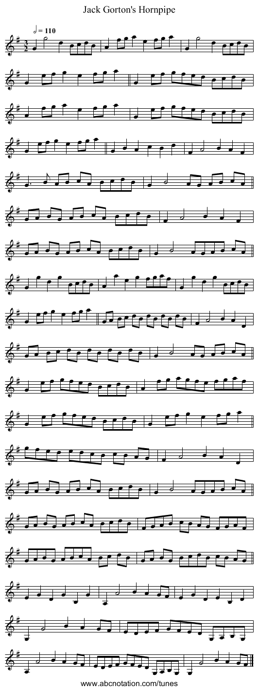 Jack Gorton's Hornpipe - staff notation