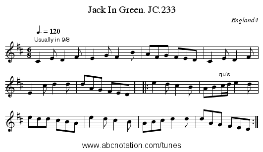 Jack In Green. JC.233 - staff notation