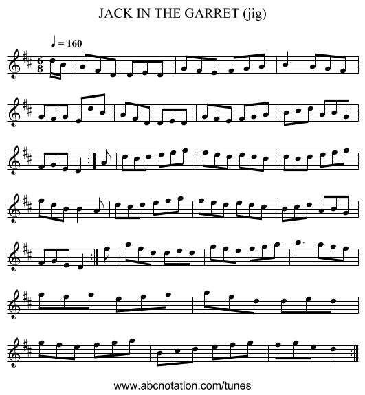 JACK IN THE GARRET (jig) - staff notation
