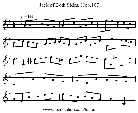 Jack of Both Sides. JJo8.107 - staff notation