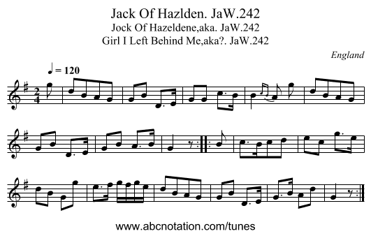 Jack Of Hazlden. JaW.242 - staff notation
