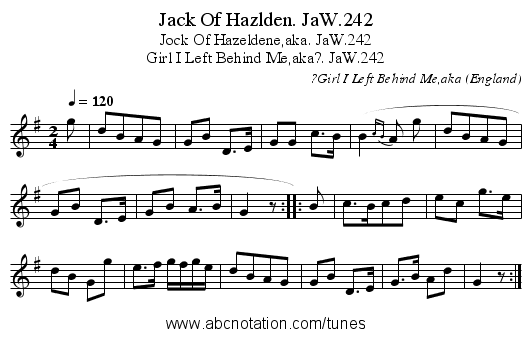 Jack Of Hazlden. JaW.242 - staff notation