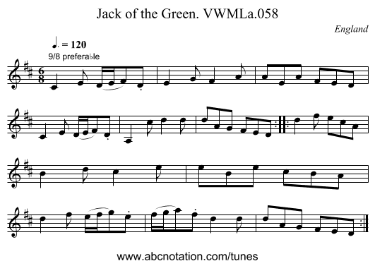 Jack of the Green. VWMLa.058 - staff notation