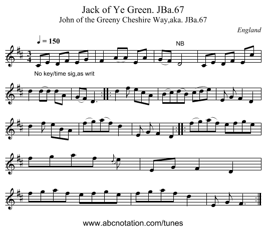 Jack of Ye Green. JBa.67 - staff notation