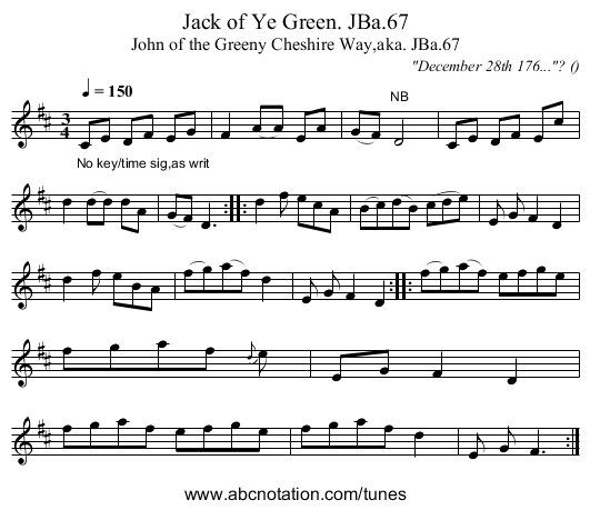 Jack of Ye Green. JBa.67 - staff notation