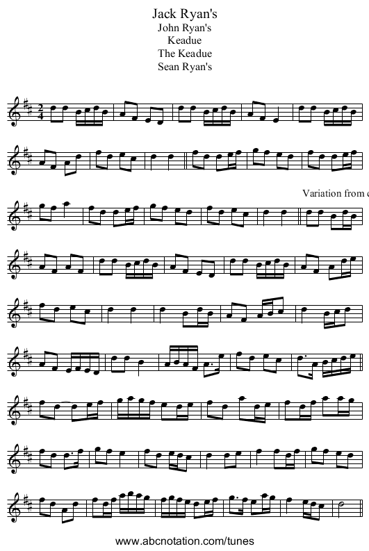 Jack Ryan's - staff notation