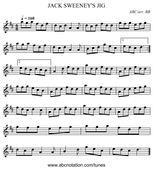 JACK SWEENEY'S JIG - staff notation
