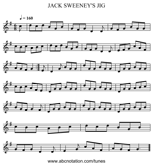 JACK SWEENEY'S JIG - staff notation