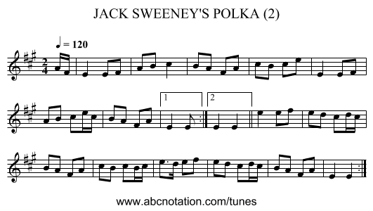 JACK SWEENEY'S POLKA (2) - staff notation