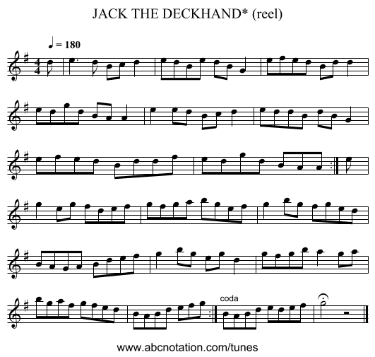 JACK THE DECKHAND* (reel) - staff notation